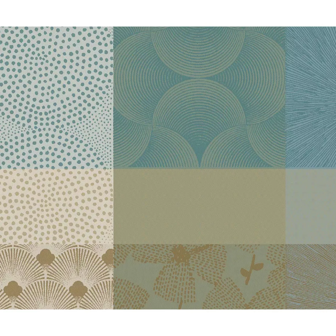 Set pur coton enduit motif jacquard bleu beige Mille zen ecume
