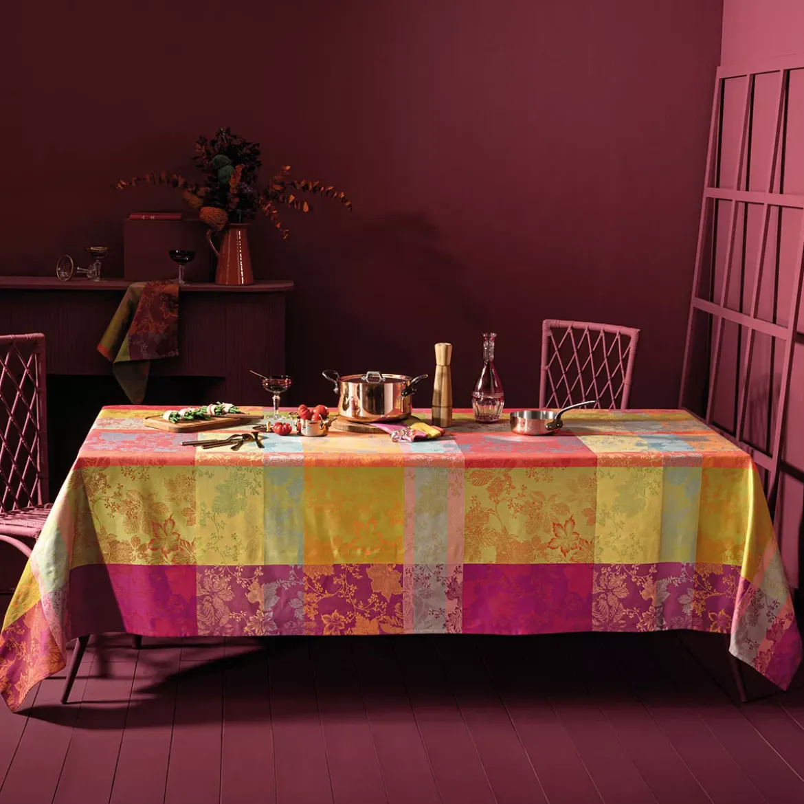 Set pur coton enduit motif jacquard orange bordeaux Mille sous bois automne