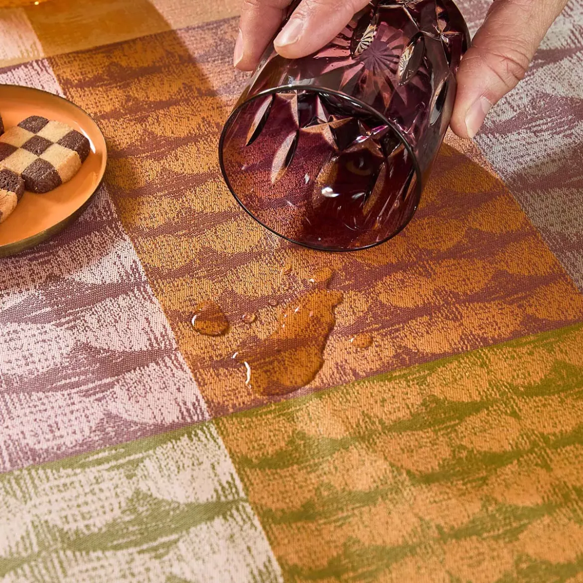 Set pur coton enduit motif jacquard vert orange Mille halos prunus