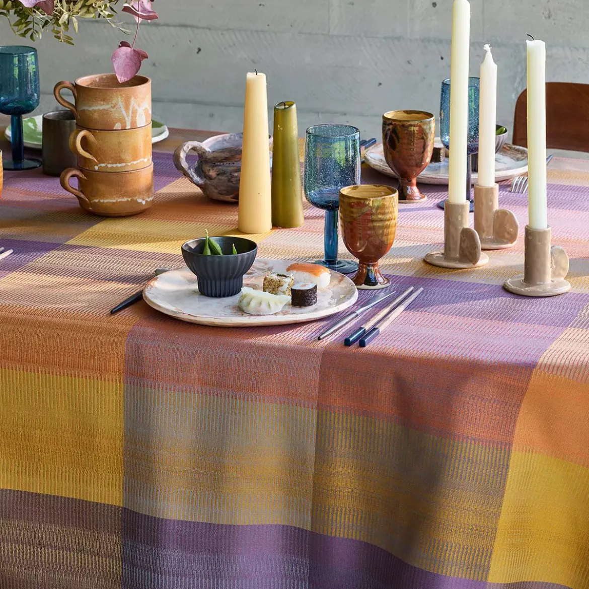 Set pur coton enduit motif jacquard violet Mille ecossais velvet