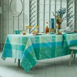 Set pur coton motif jacquard bleu vert Mille feuillages turquoise