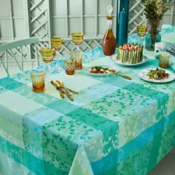 Set pur coton motif jacquard bleu vert Mille feuillages turquoise