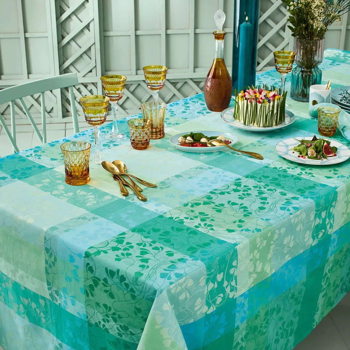 Set pur coton motif jacquard bleu vert Mille feuillages turquoise