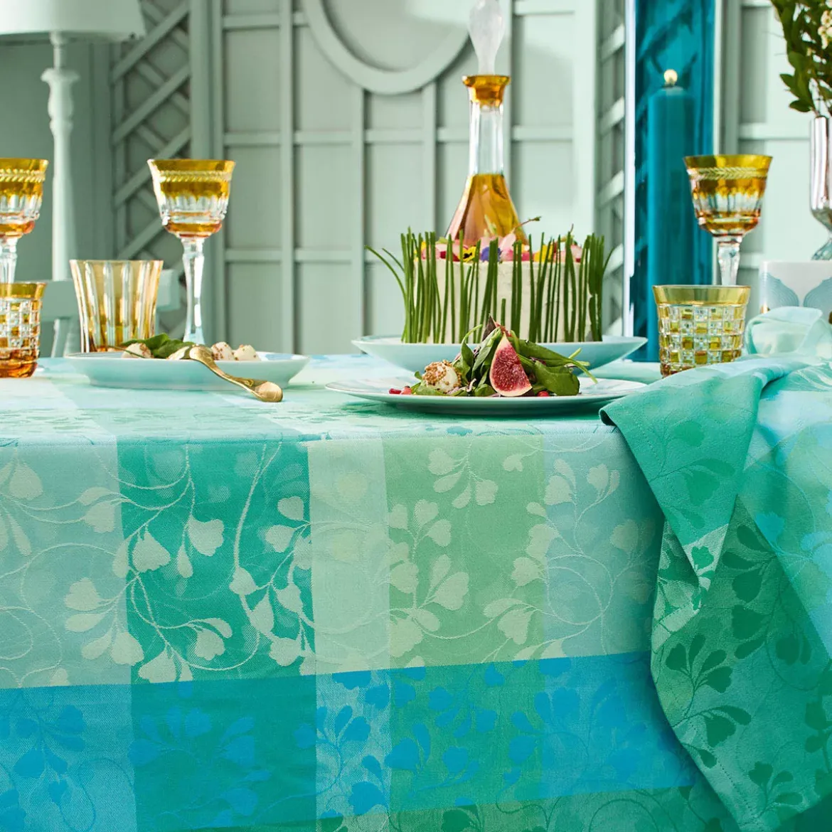 Set pur coton motif jacquard bleu vert Mille feuillages turquoise