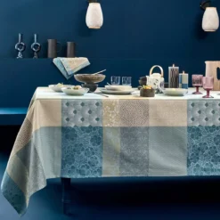 Set pur coton motif jacquard bleu beige Mille zen ecume