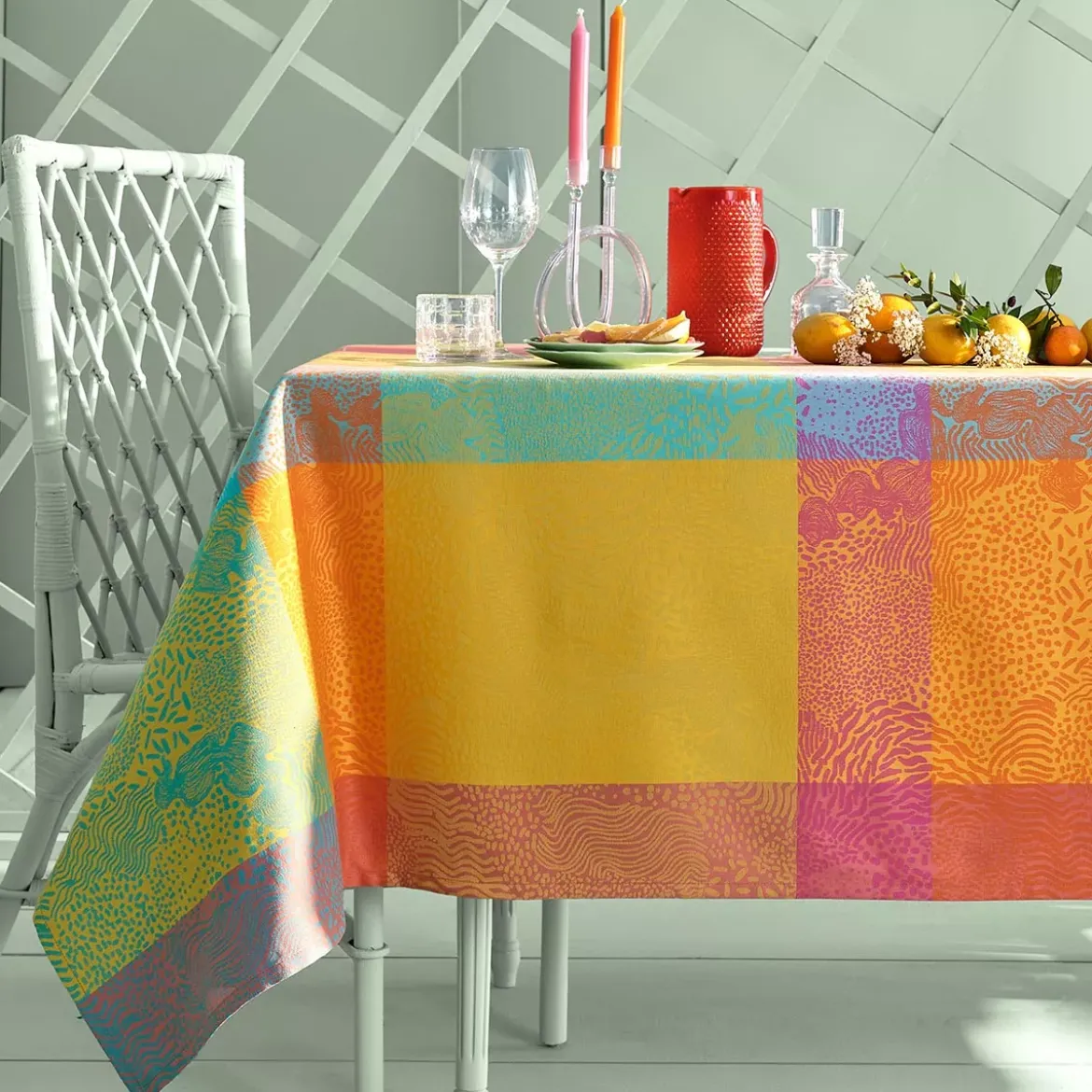 Set pur coton motif jacquard bleu jaune orange Mille vagues exotique