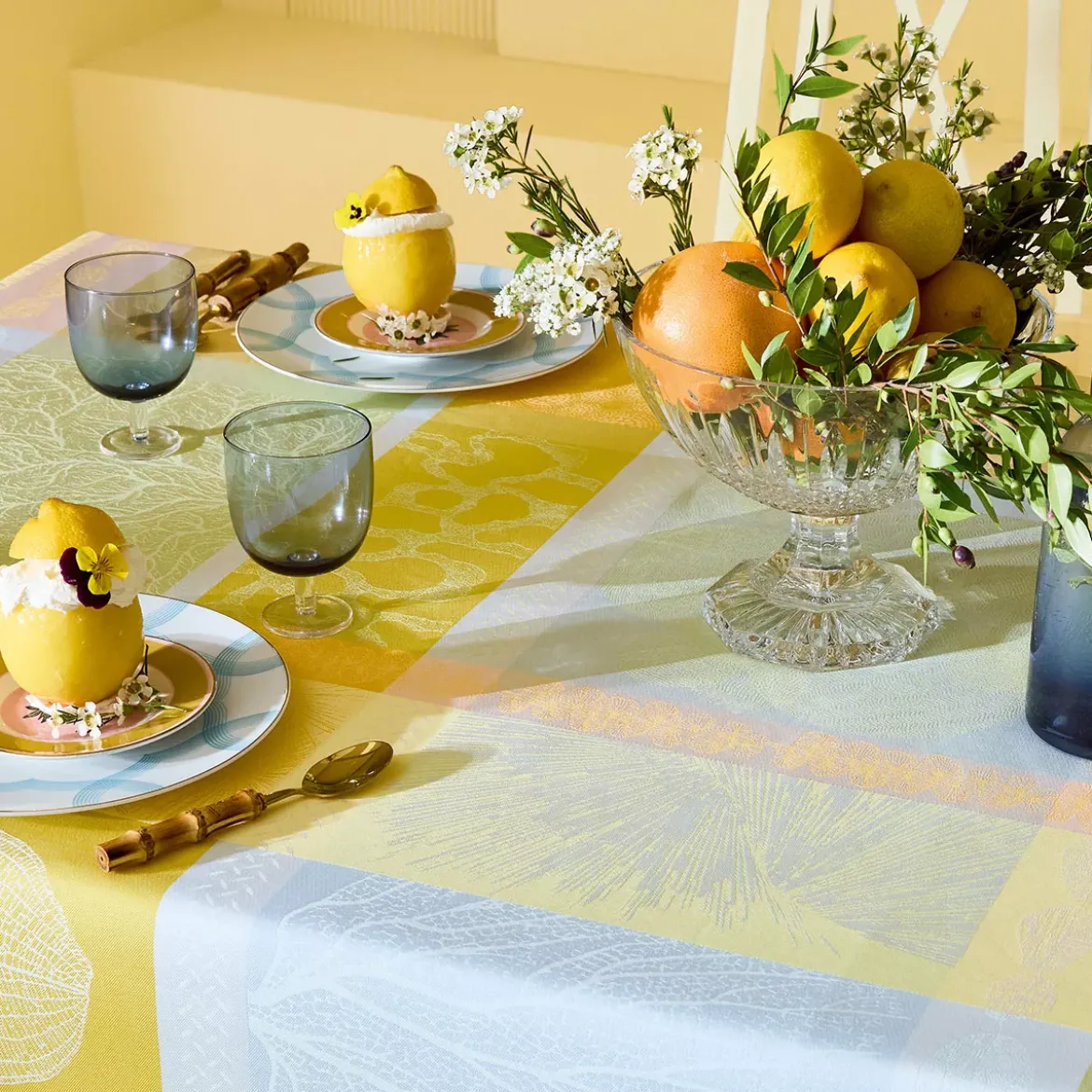 Set pur coton motif jacquard jaune vert Mille lieues aube