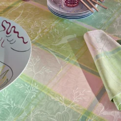 Set pur coton motif jacquard rose vert Mille printemps eclosion