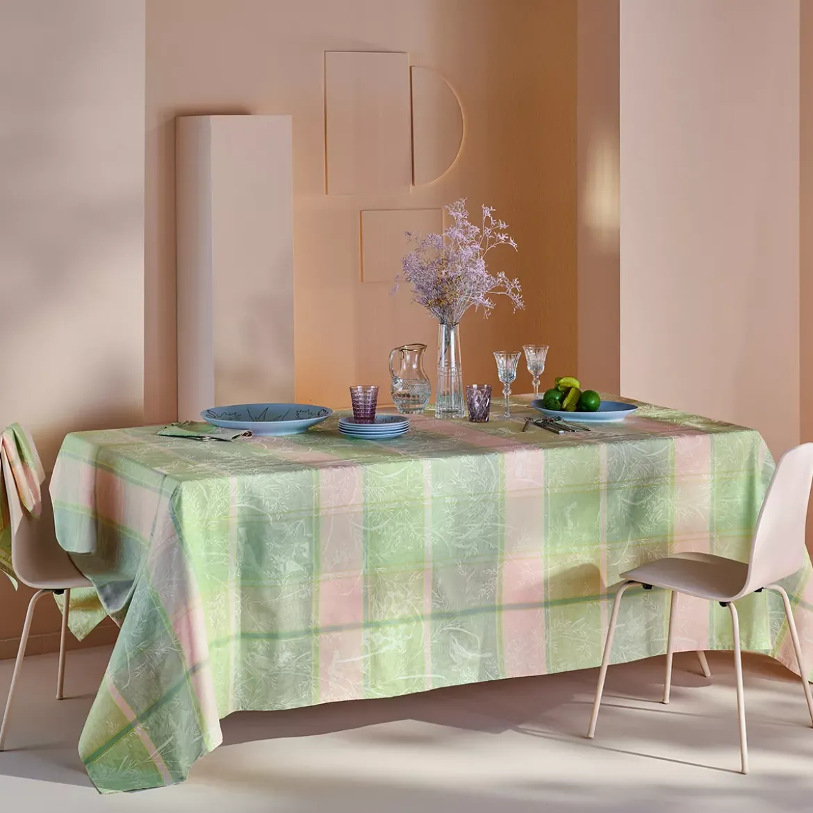 Set pur coton motif jacquard rose vert Mille printemps eclosion