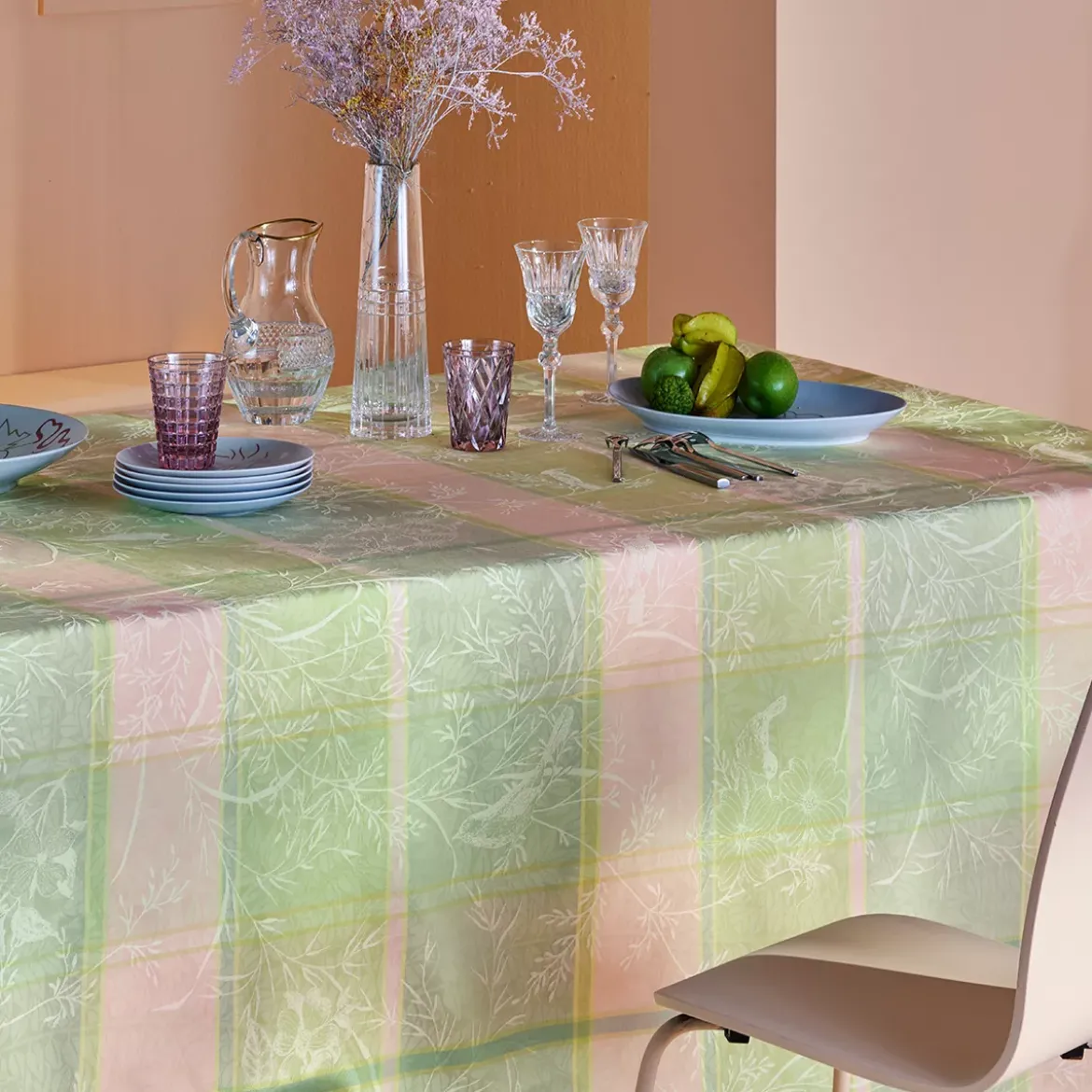 Set pur coton motif jacquard rose vert Mille printemps eclosion