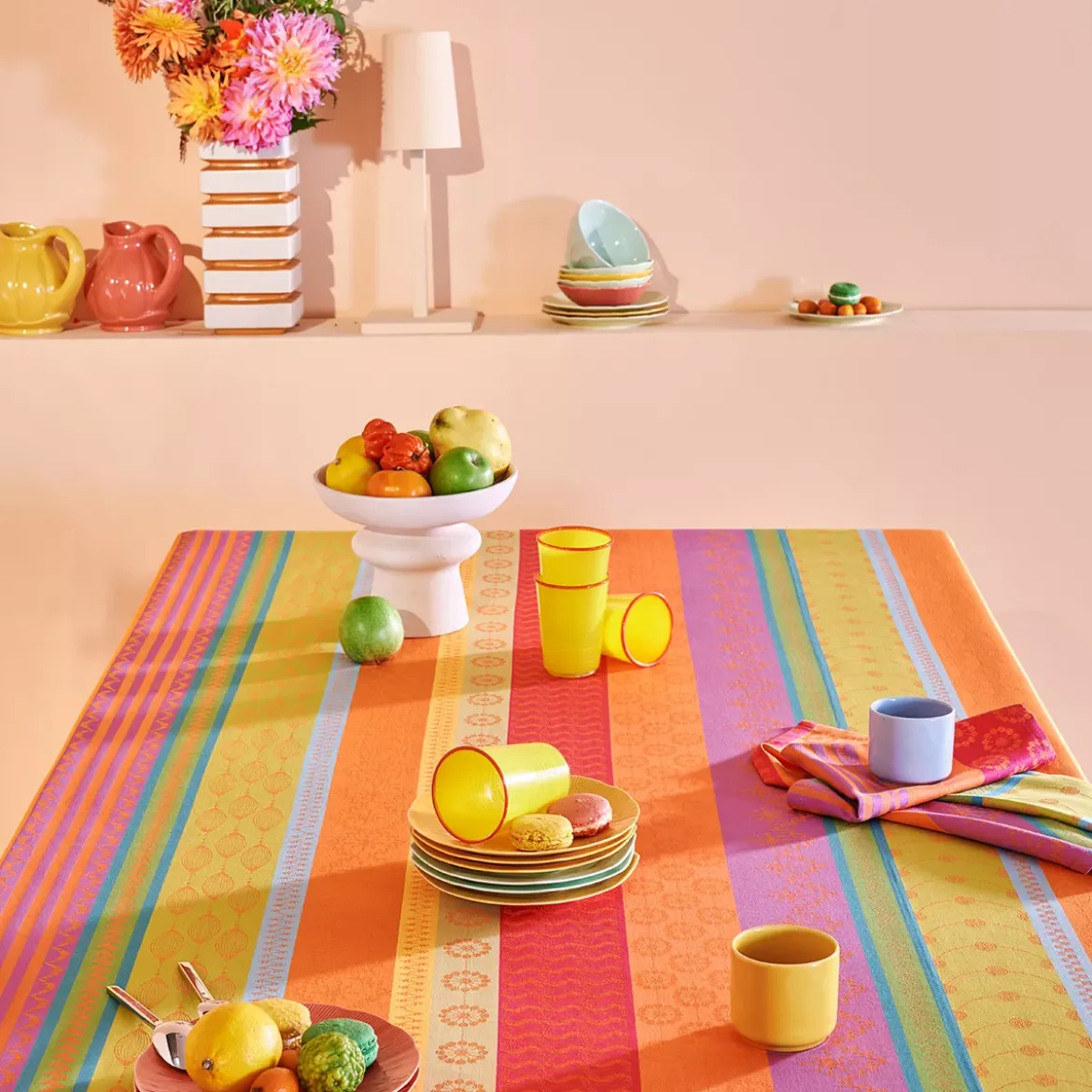 Set pur coton motif jacquard vert orange Mille broderies samba