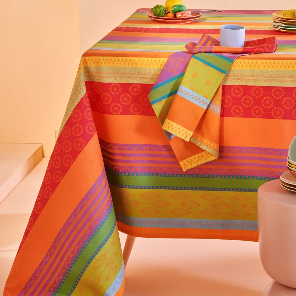 Set pur coton motif jacquard vert orange Mille broderies samba