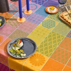 Set pur coton motif jacquard violet orange Mille hana floralies
