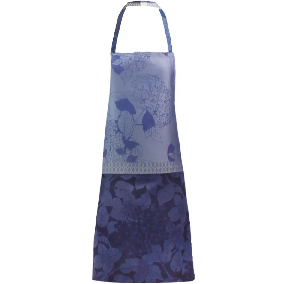 Tablier pur coton bio antitache motif jacquard bleu Hortensias bleu