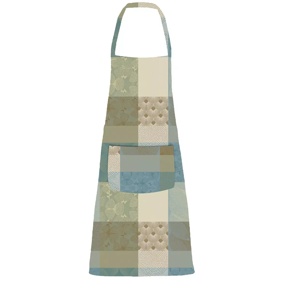 Tablier pur coton enduit motif jacquard bleu beige Mille zen ecume