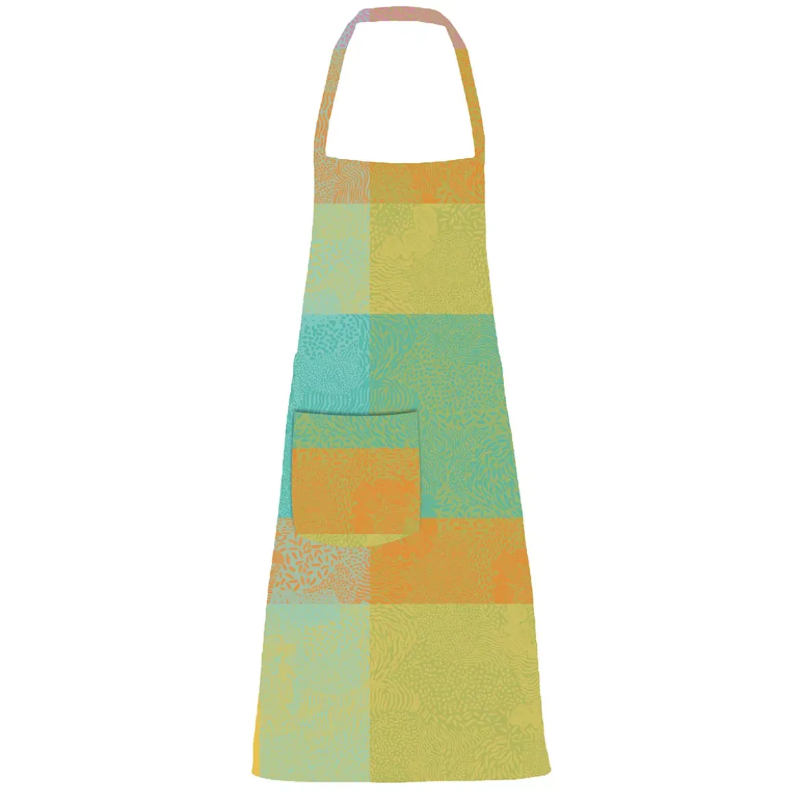 Tablier pur coton enduit motif jacquard bleu jaune orange Mille vagues exotique