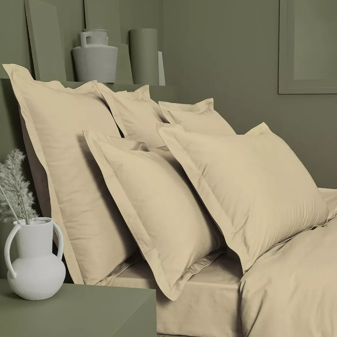 Taie de traversin percale de coton uni beige La percale francaise beige clair