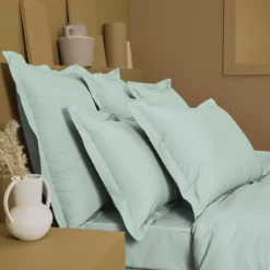Taie de traversin percale de coton uni bleu vert La percale francaise givre
