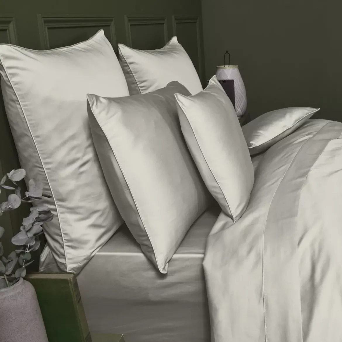 Taie de traversin satin de coton uni beige Ava uni lin