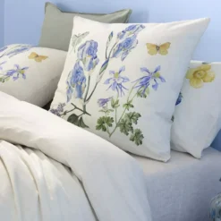 Taie d'oreiller lin & coton lavé 130 g/m² imprimé bleu jaune Iris d'ete naturel