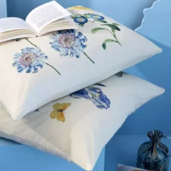 Taie d'oreiller lin & coton lavé 130 g/m² imprimé bleu jaune Iris d'ete naturel