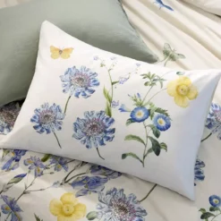 Taie d'oreiller lin & coton lavé 130 g/m² imprimé bleu jaune Iris d'ete naturel