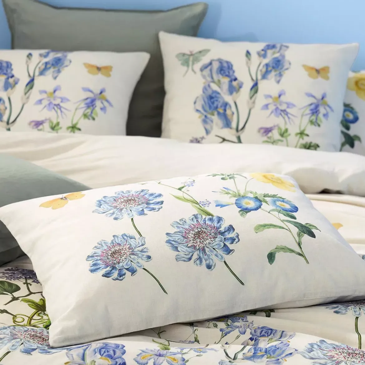 Taie d'oreiller lin & coton lavé 130 g/m² imprimé bleu jaune Iris d'ete naturel