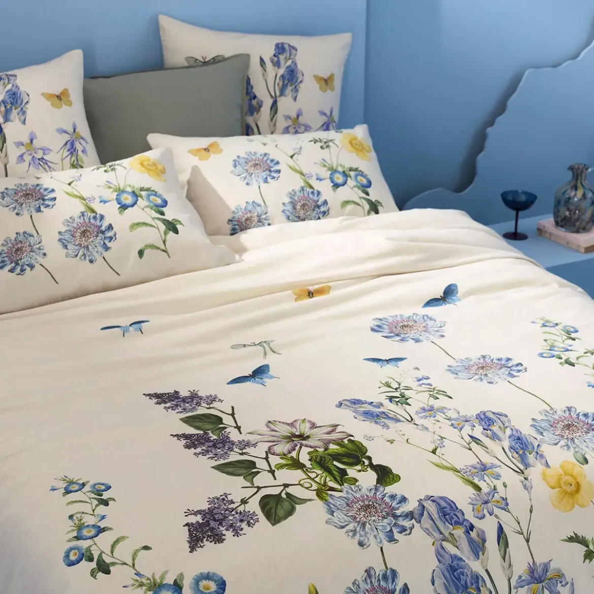 Taie d'oreiller lin & coton lavé 130 g/m² imprimé bleu jaune Iris d'ete naturel