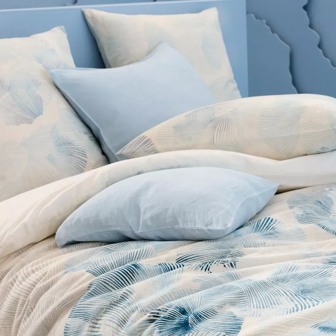 Taie d'oreiller lin & coton lavé 130 g/m² imprimé bleu beige Vagues indigo