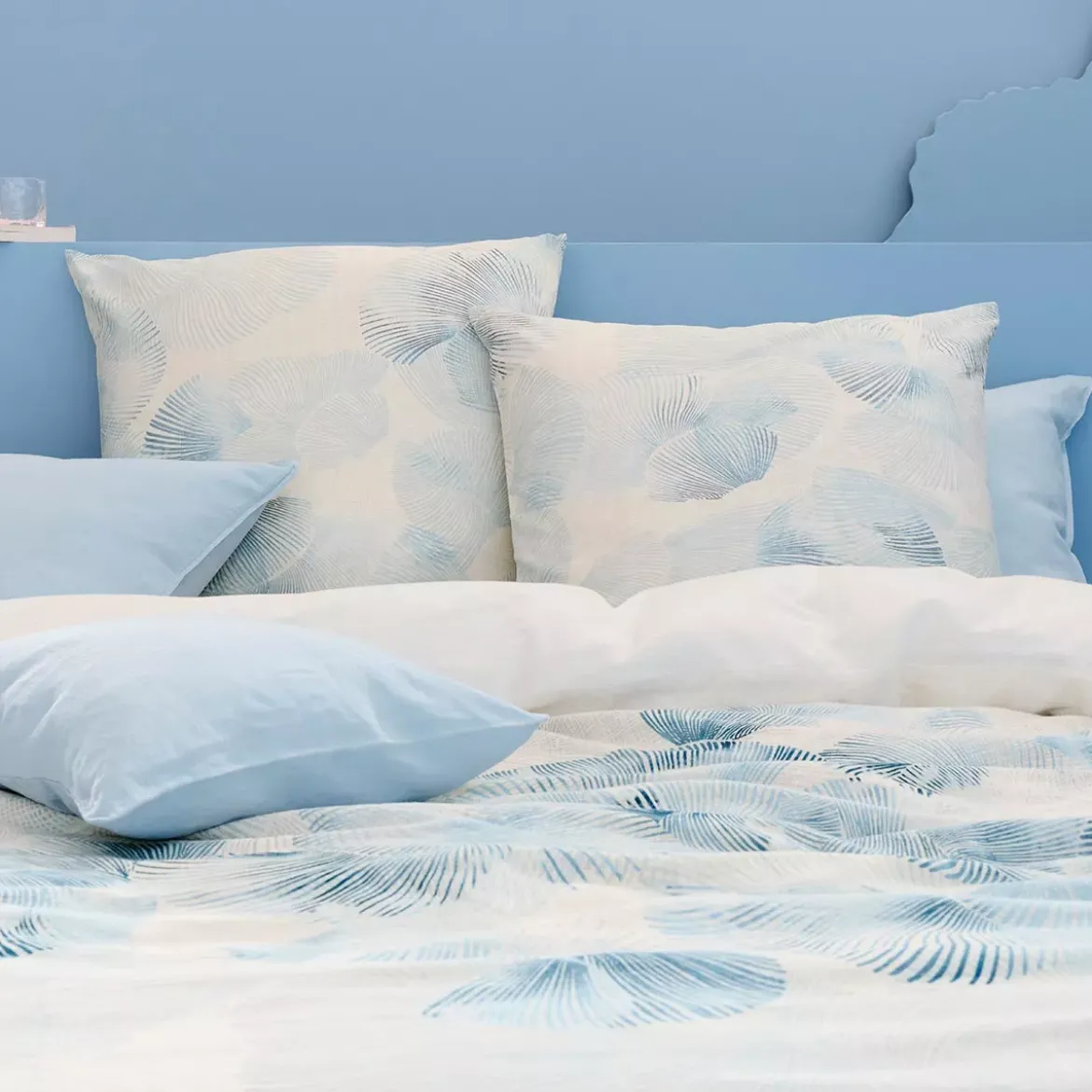 Taie d'oreiller lin & coton lavé 130 g/m² imprimé bleu beige Vagues indigo