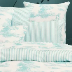 Taie d'oreiller percale de coton 115 g/m² imprimé bleu Poesie aqua