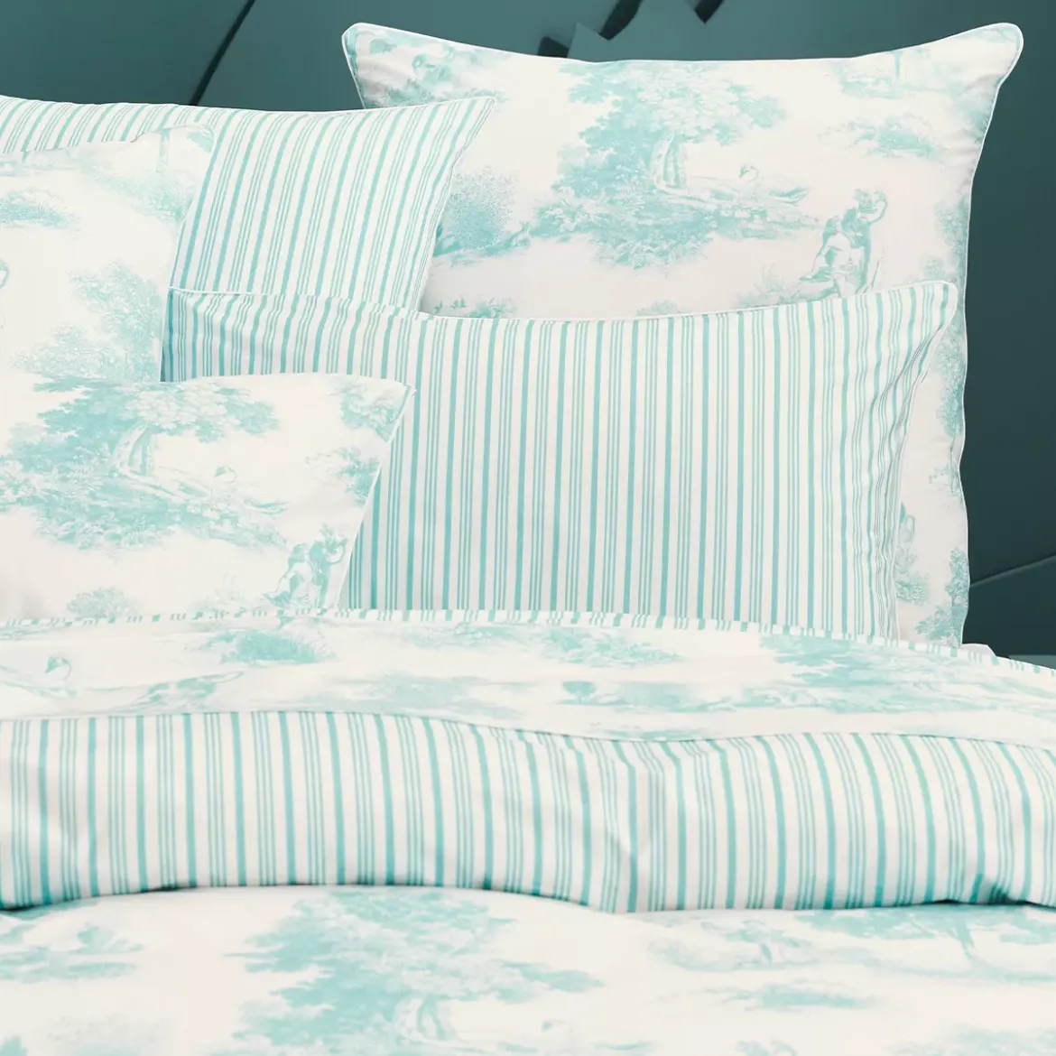 Taie d'oreiller percale de coton 115 g/m² imprimé bleu Poesie aqua