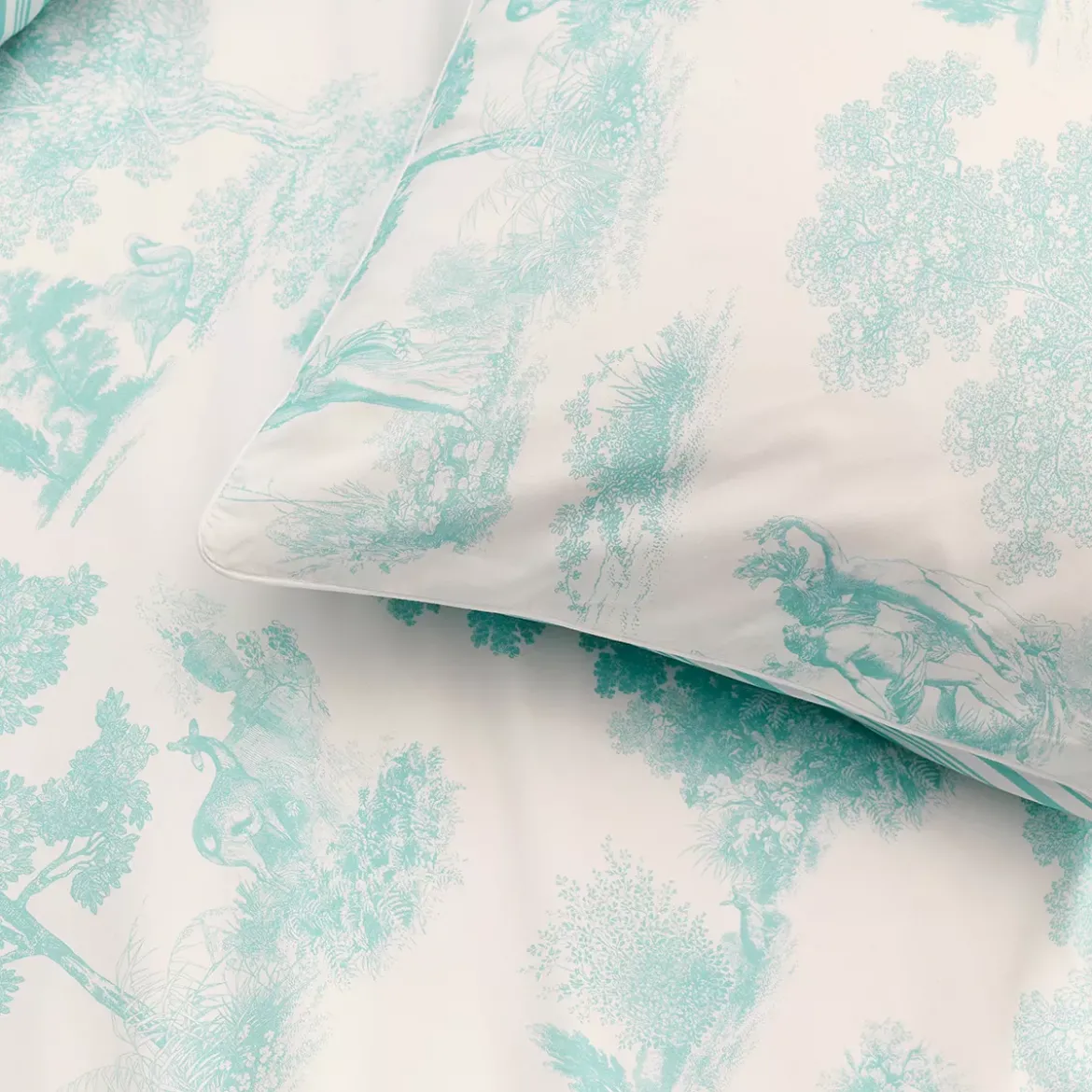 Taie d'oreiller percale de coton 115 g/m² imprimé bleu Poesie aqua