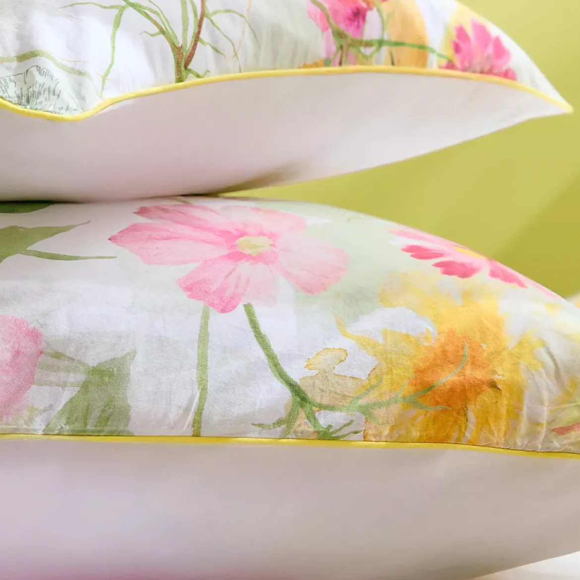 Taie d'oreiller percale de coton lavé 115 g/m² imprimé rose vert Souffle fleuri printemps