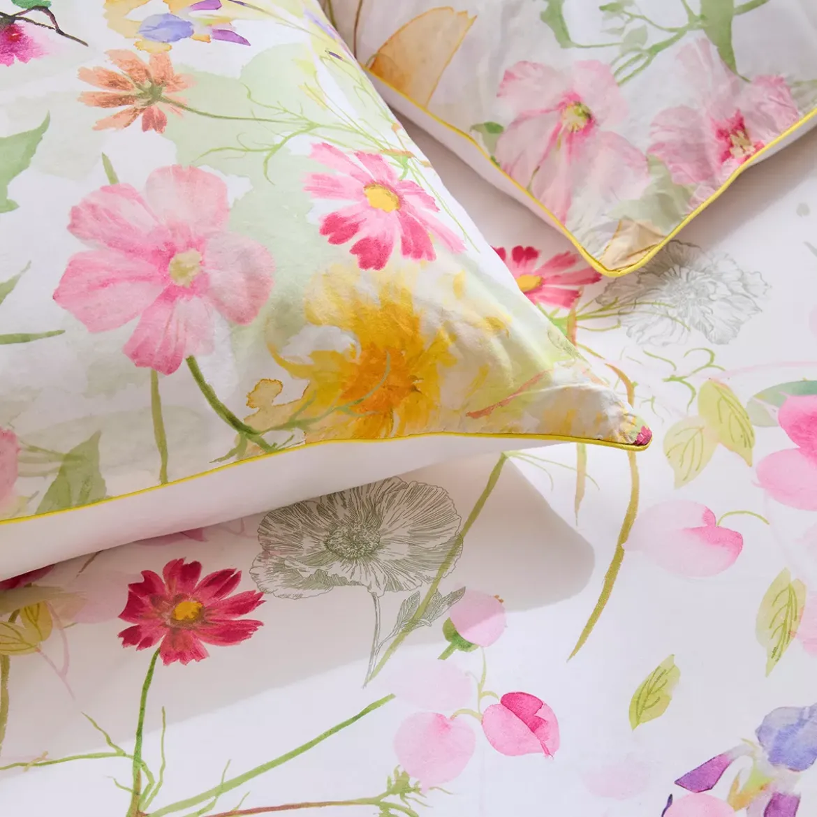 Taie d'oreiller percale de coton lavé 115 g/m² imprimé rose vert Souffle fleuri printemps