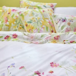 Taie d'oreiller percale de coton lavé 115 g/m² imprimé rose vert Souffle fleuri printemps
