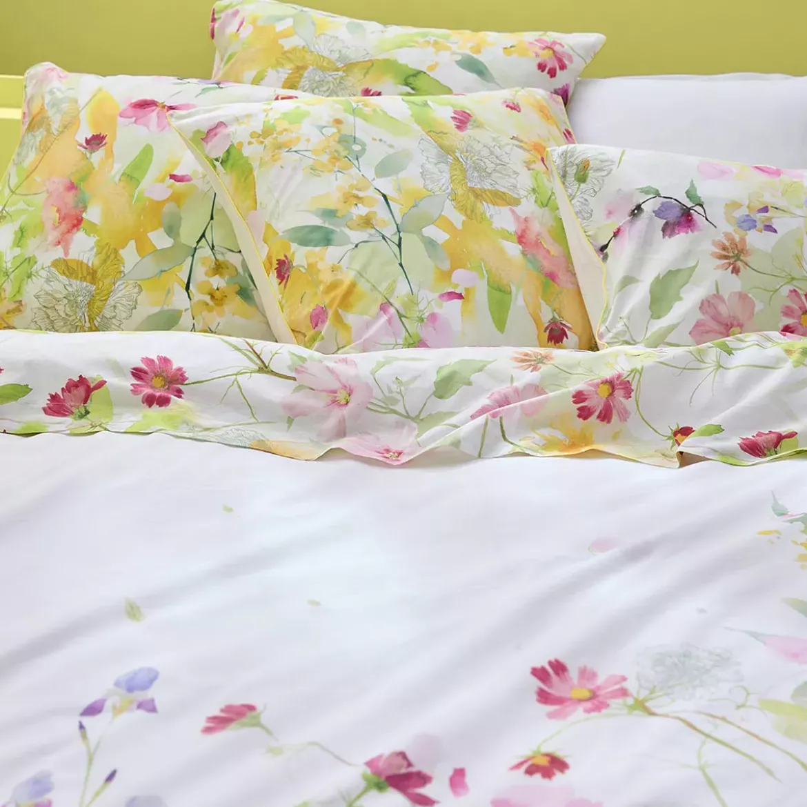 Taie d'oreiller percale de coton lavé 115 g/m² imprimé rose vert Souffle fleuri printemps