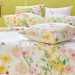 Taie d'oreiller percale de coton lavé 115 g/m² imprimé rose vert Souffle fleuri printemps