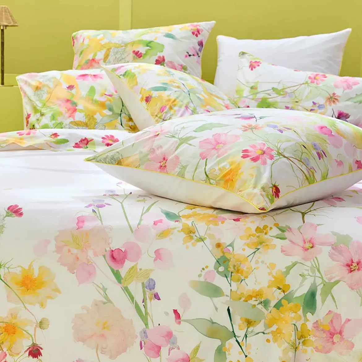 Taie d'oreiller percale de coton lavé 115 g/m² imprimé rose vert Souffle fleuri printemps