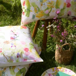 Taie d'oreiller percale de coton lavé 115 g/m² imprimé rose vert Souffle fleuri printemps