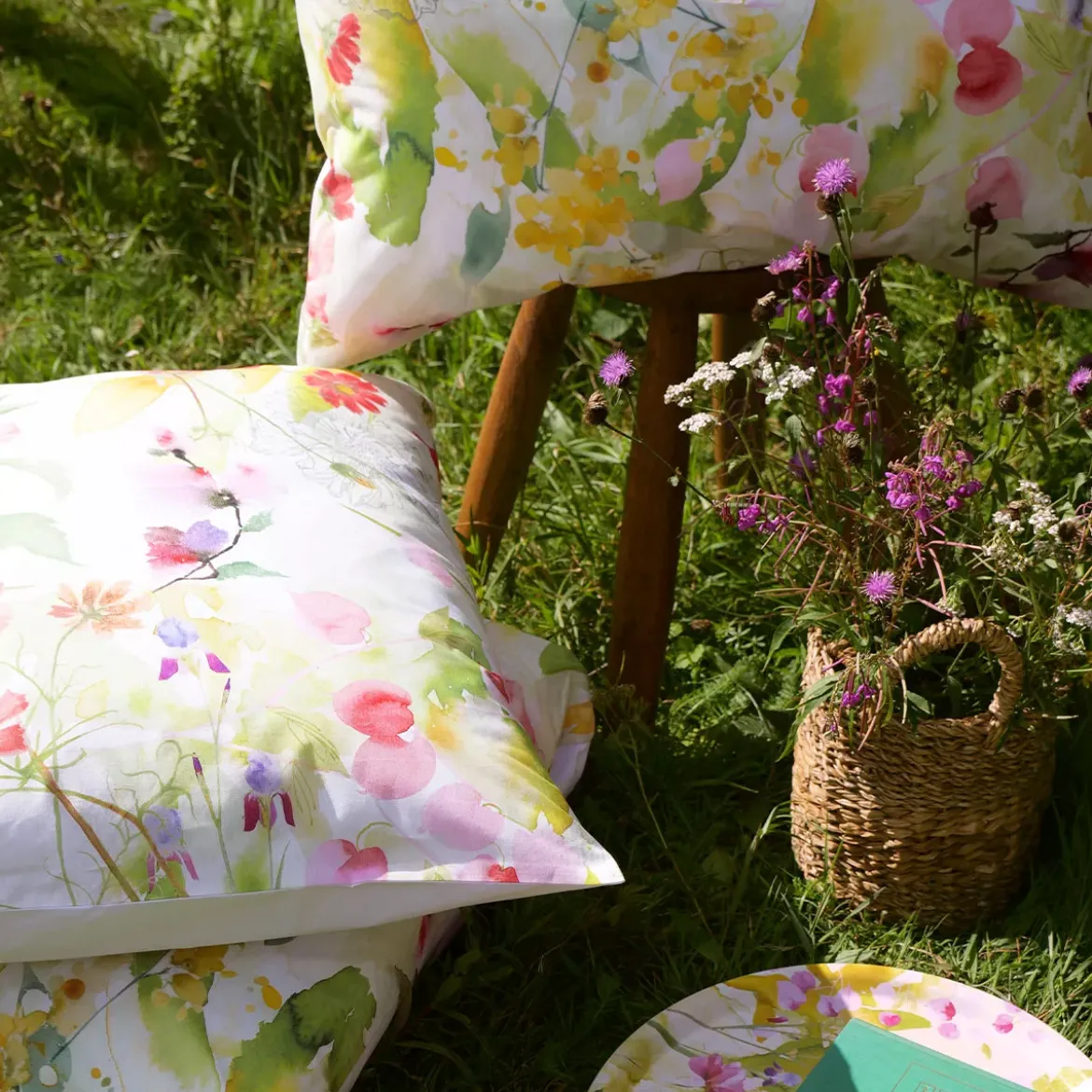 Taie d'oreiller percale de coton lavé 115 g/m² imprimé rose vert Souffle fleuri printemps