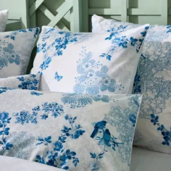 Taie d'oreiller percale de coton imprimé blanc bleu Voliere bleu