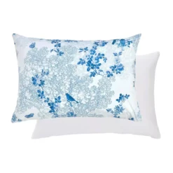 Taie d'oreiller percale de coton imprimé blanc bleu Voliere bleu