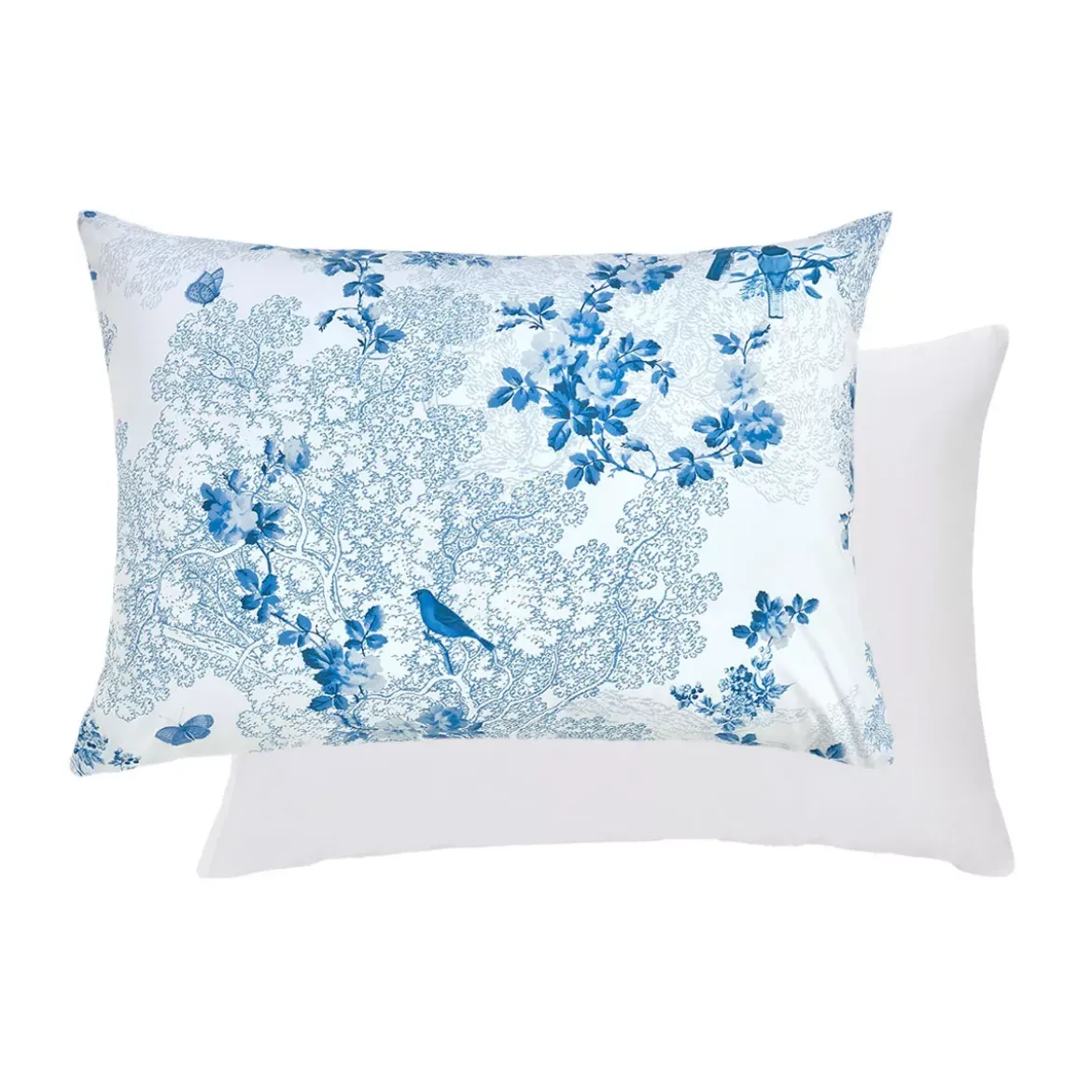 Taie d'oreiller percale de coton imprimé blanc bleu Voliere bleu