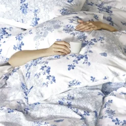 Taie d'oreiller percale de coton imprimé blanc bleu Voliere bleu