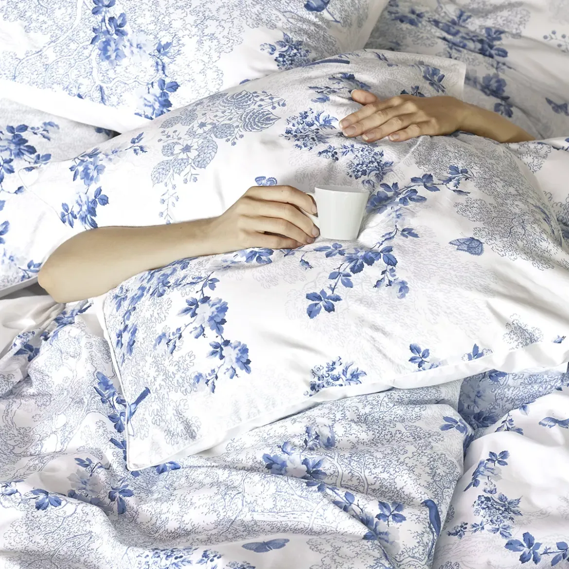 Taie d'oreiller percale de coton imprimé blanc bleu Voliere bleu