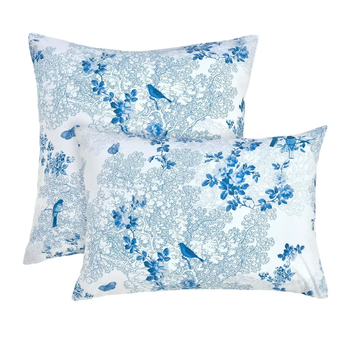 Taie d'oreiller percale de coton imprimé blanc bleu Voliere bleu