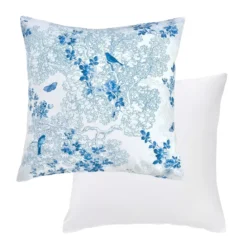 Taie d'oreiller percale de coton imprimé blanc bleu Voliere bleu