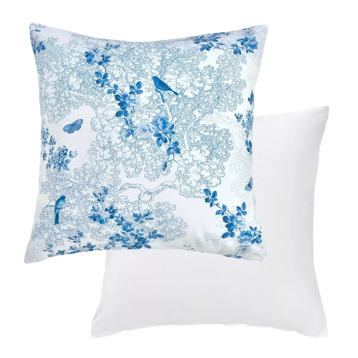 Taie d'oreiller percale de coton imprimé blanc bleu Voliere bleu