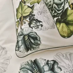 Taie d'oreiller percale de coton lavé imprimé vert ecru Giardino naturel
